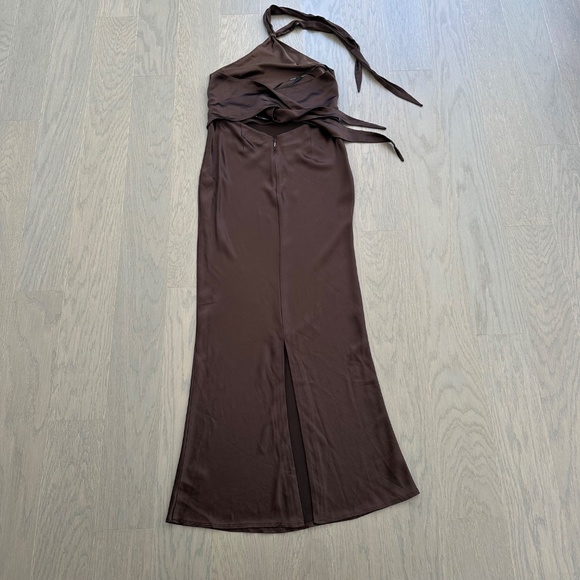 Retrofete Ester Halter Satin Maxi Dress Chocolate Brown Tie Open Back - SMALL - Picture 3 of 12